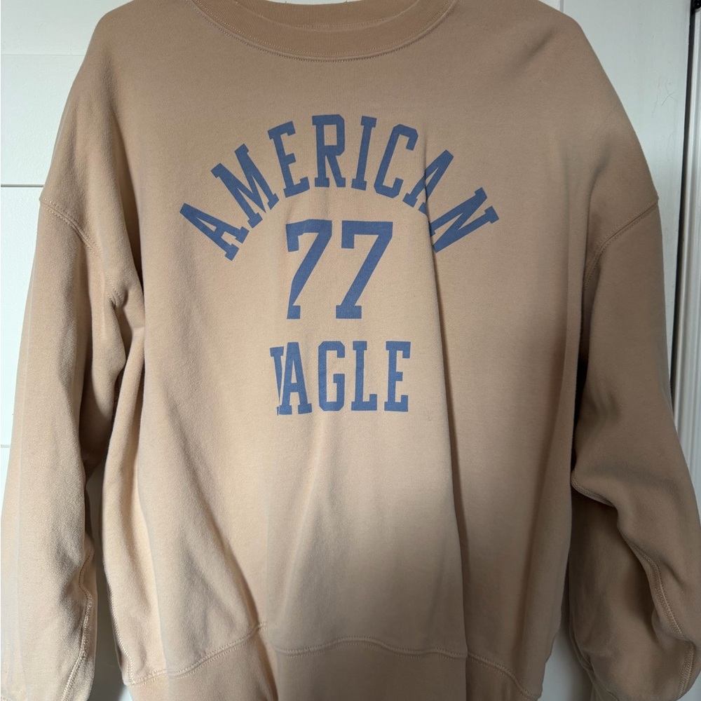 American Eagle Outfitters Tan Sweatshirt with Blue Graphic